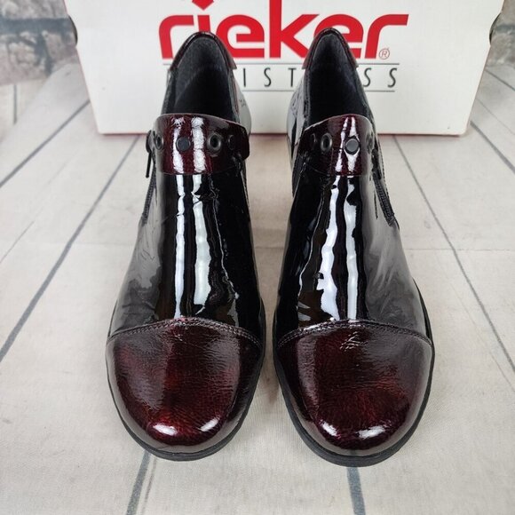 Rieker Patent Leather Derby Ankle Shoes Shoeties Two-Tone Black Burgundy Size 38 - Picture 1 of 16